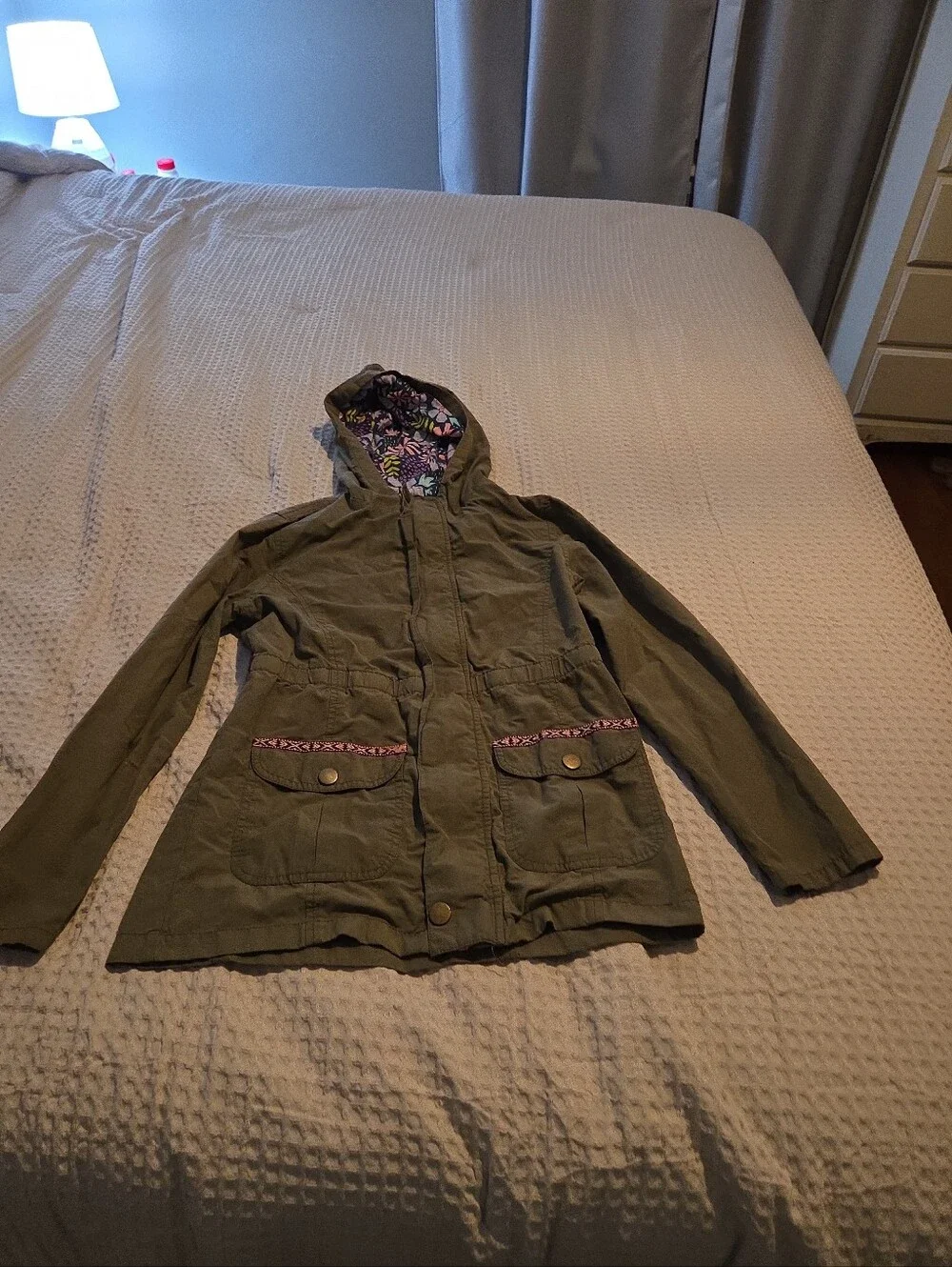 Cat & Jack Olive UtilityJacket with Multi- color Floral Lining.  L (10/12)